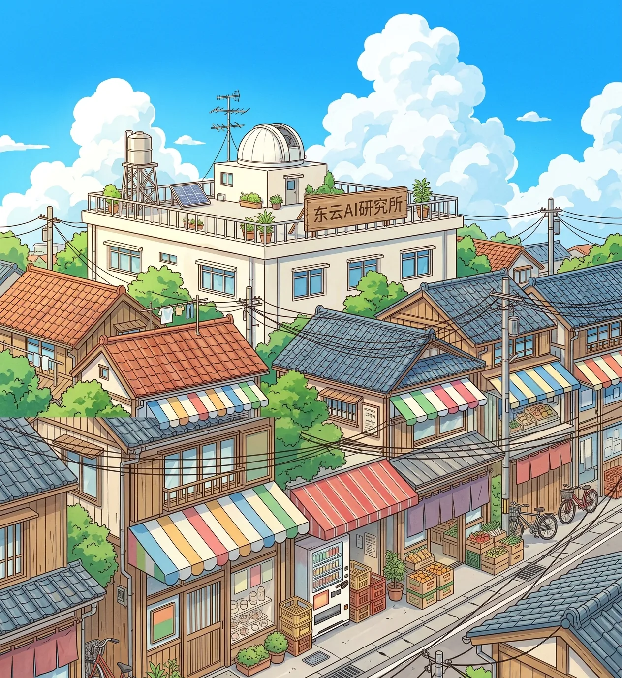 蓝天积云下的东云AI研究所天台与海边小镇(原创插画)