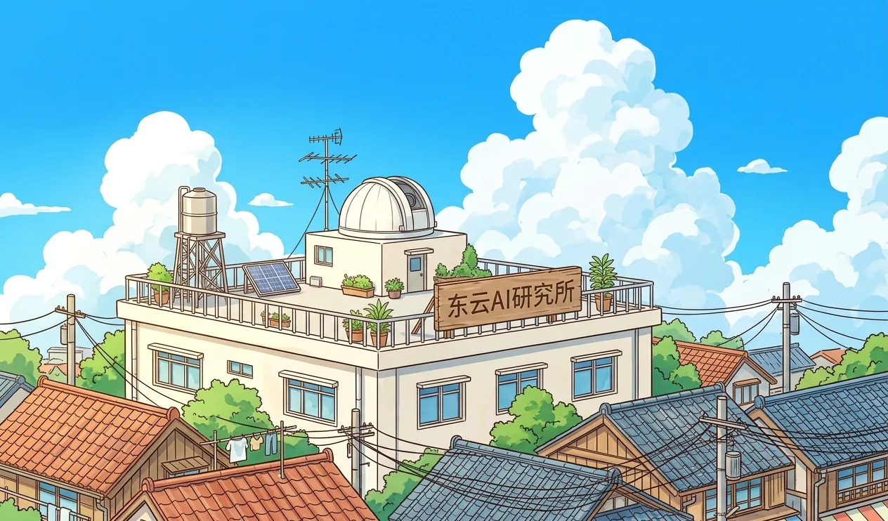 蓝天积云下的东云AI研究所天台与海边小镇（原创插画）