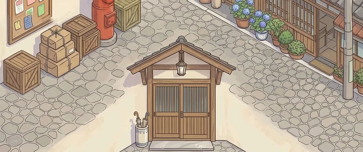街角邮寄打印店与研究所大门（原创插画）
